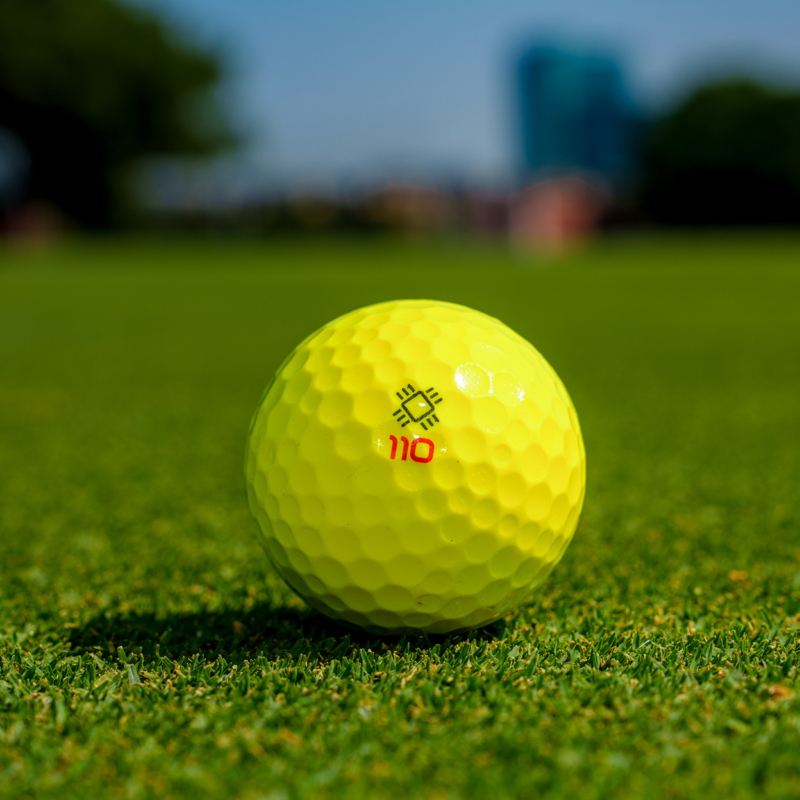 Yellow CHIP’d smart putting ball on a golf green