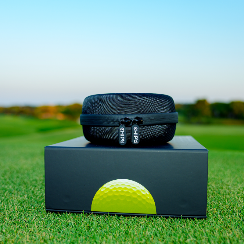 CHIP’d smart golf ball packaging and protective carrying caseCaption: CHIP’d smart golf ball three-pack with retail packaging and protective case.